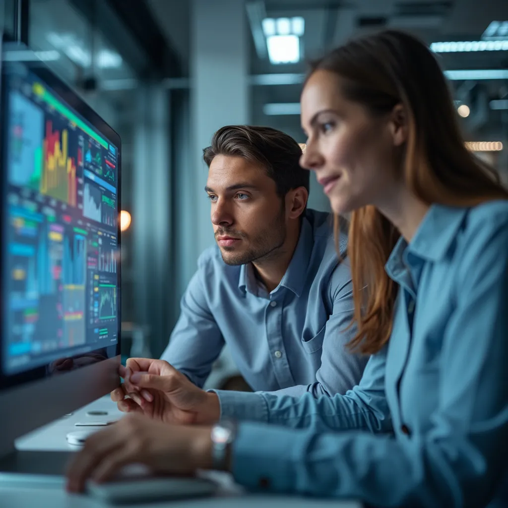Consultores analizando datos en una pantalla
